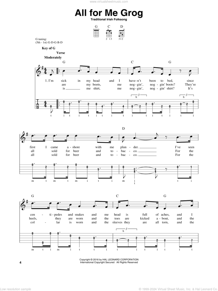 All For Me Grog sheet music for banjo solo by Traditional Irish Folksong, intermediate skill level