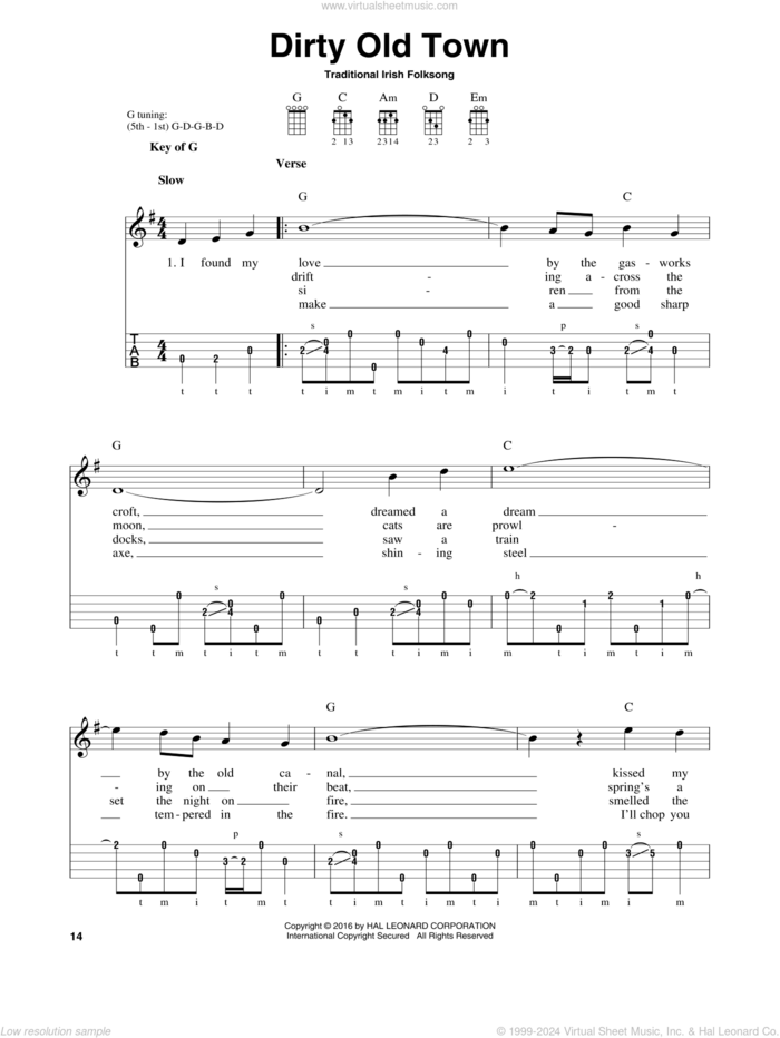 Dirty Old Town sheet music for banjo solo, intermediate skill level