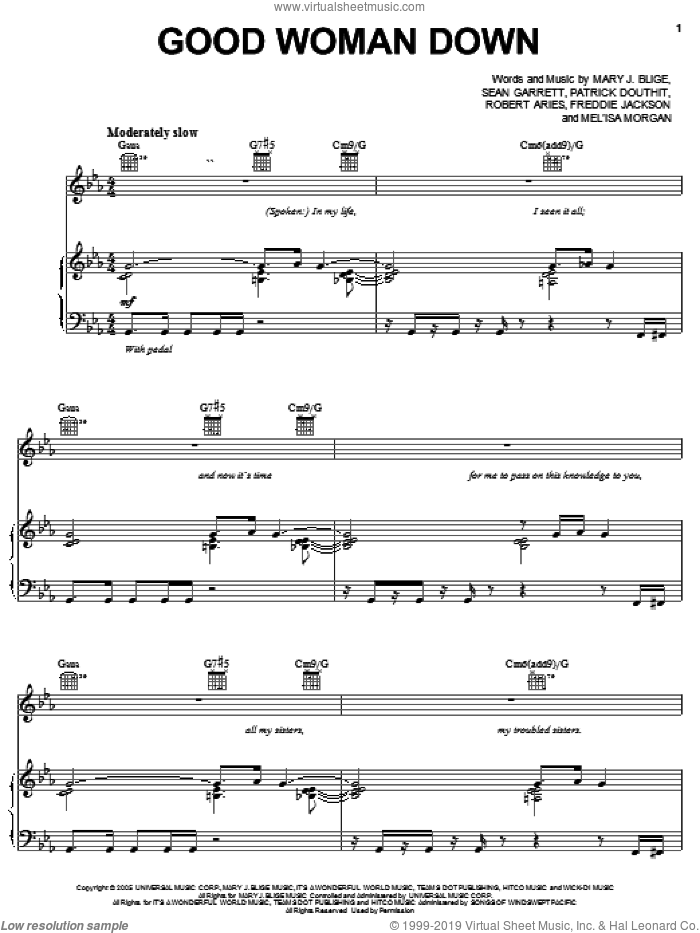 Good Woman Down sheet music for voice, piano or guitar by Mary J. Blige, Freddie Jackson, Patrick Douthit, Robert Aries and Sean Garrett, intermediate skill level
