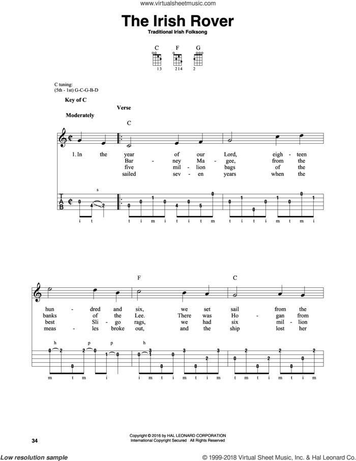 The Irish Rover sheet music for banjo solo, intermediate skill level