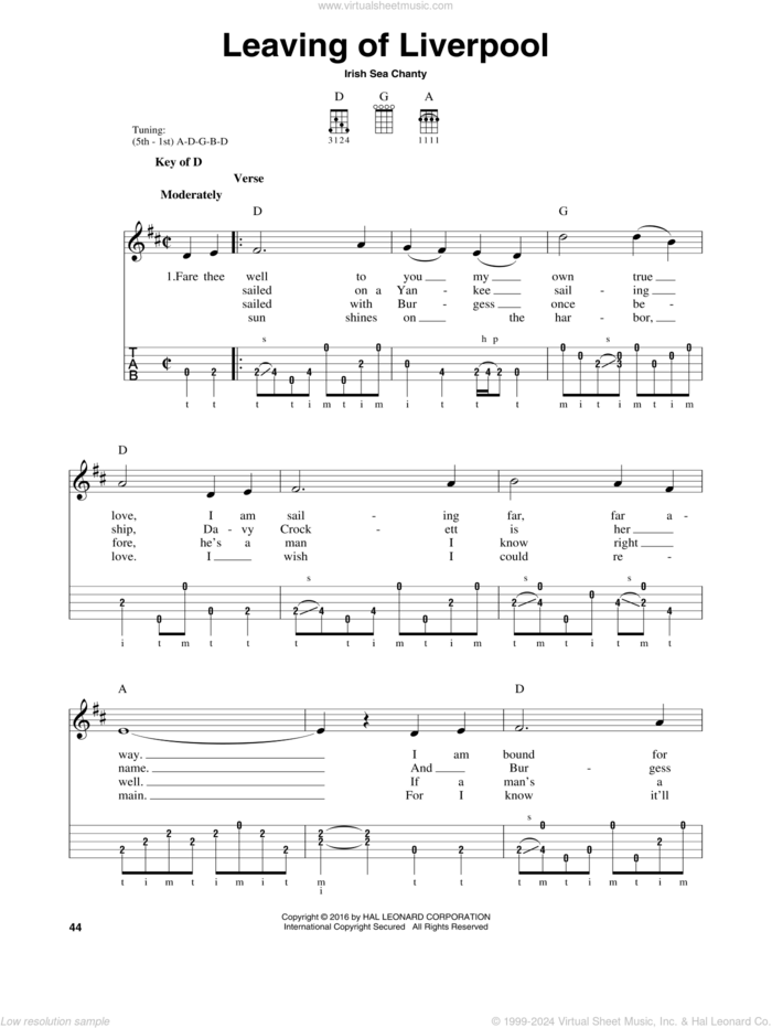 Leaving Of Liverpool sheet music for banjo solo by Irish Sea Chanty, intermediate skill level