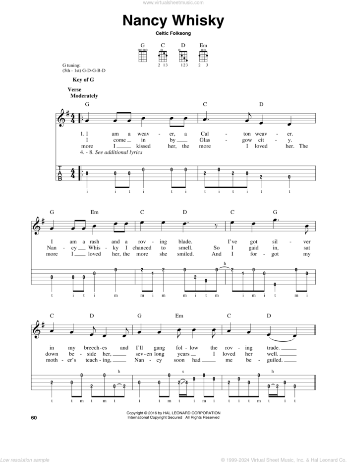 Nancy Whisky sheet music for banjo solo by Celtic Folksong, intermediate skill level