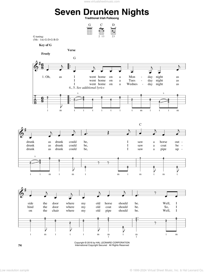 Seven Drunken Nights sheet music for banjo solo, intermediate skill level