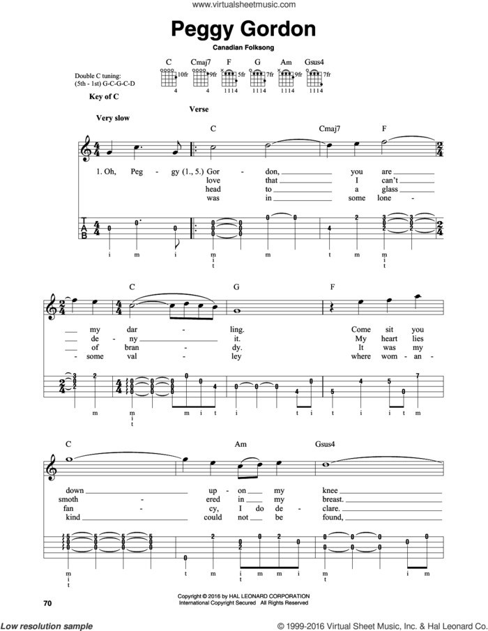 Peggy Gordon sheet music for banjo solo by Canadian Folk Song, intermediate skill level