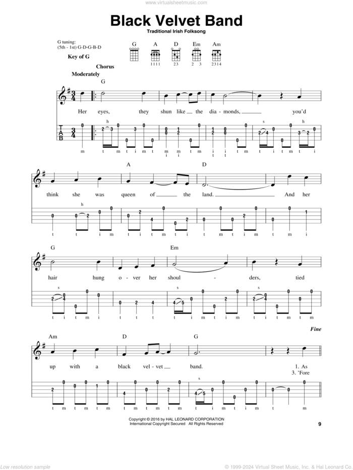 Black Velvet Band sheet music for banjo solo, intermediate skill level