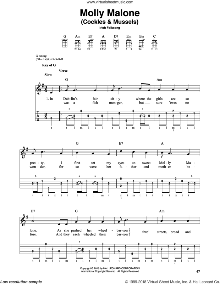 Molly Malone (Cockles and Mussels) sheet music for banjo solo, intermediate skill level