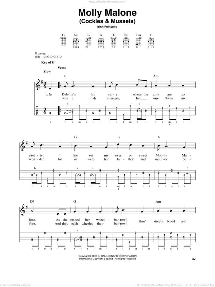 Molly Malone (Cockles and Mussels) sheet music for banjo solo, intermediate skill level