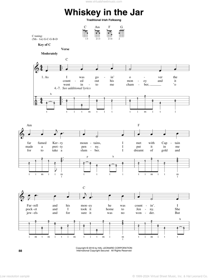 Whiskey In The Jar sheet music for banjo solo, intermediate skill level