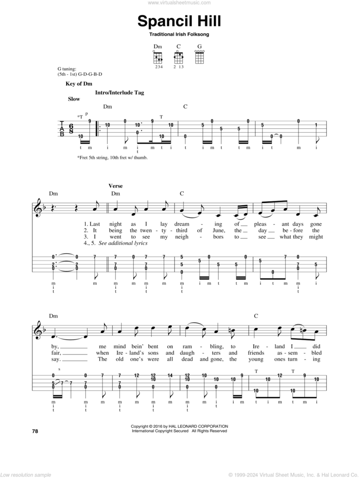 Spancil Hill sheet music for banjo solo, intermediate skill level