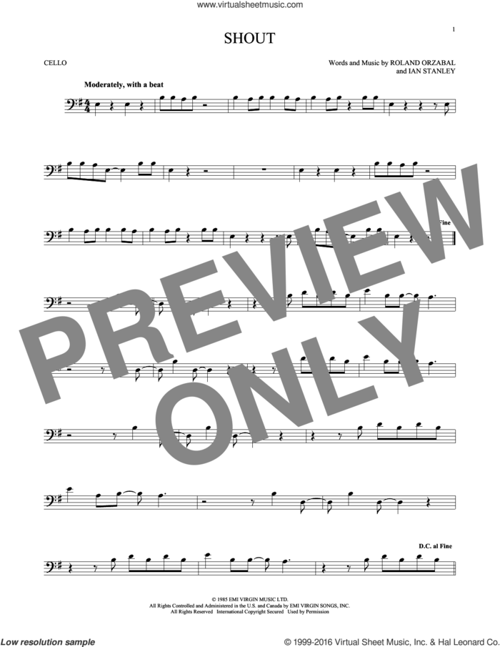 Shout sheet music for cello solo by Tears For Fears, Ian Stanley and Roland Orzabal, intermediate skill level