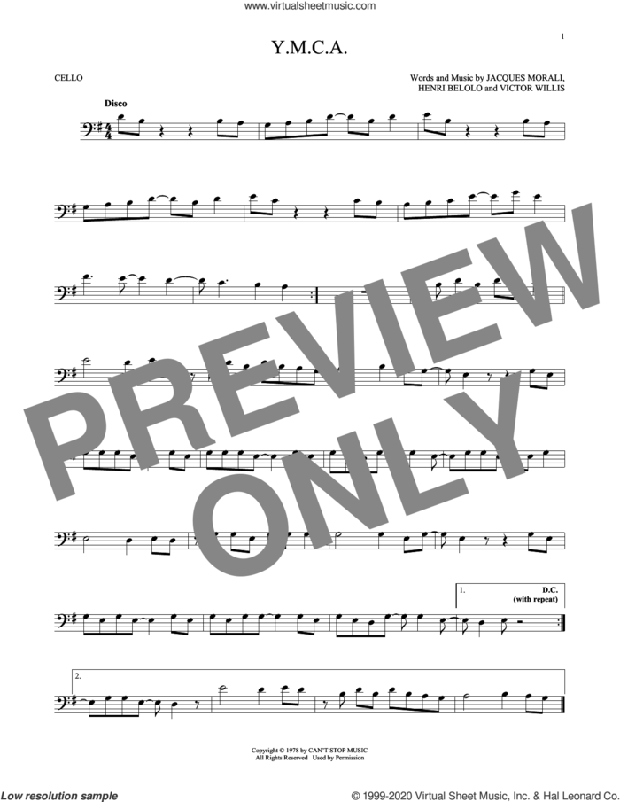 Y.M.C.A. sheet music for cello solo by Village People, Henri Belolo, Jacques Morali and Victor Willis, intermediate skill level