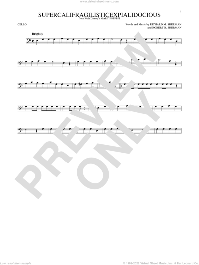 Supercalifragilisticexpialidocious sheet music for cello solo by Richard & Robert Sherman, Sherman Brothers, Richard M. Sherman and Robert B. Sherman, intermediate skill level