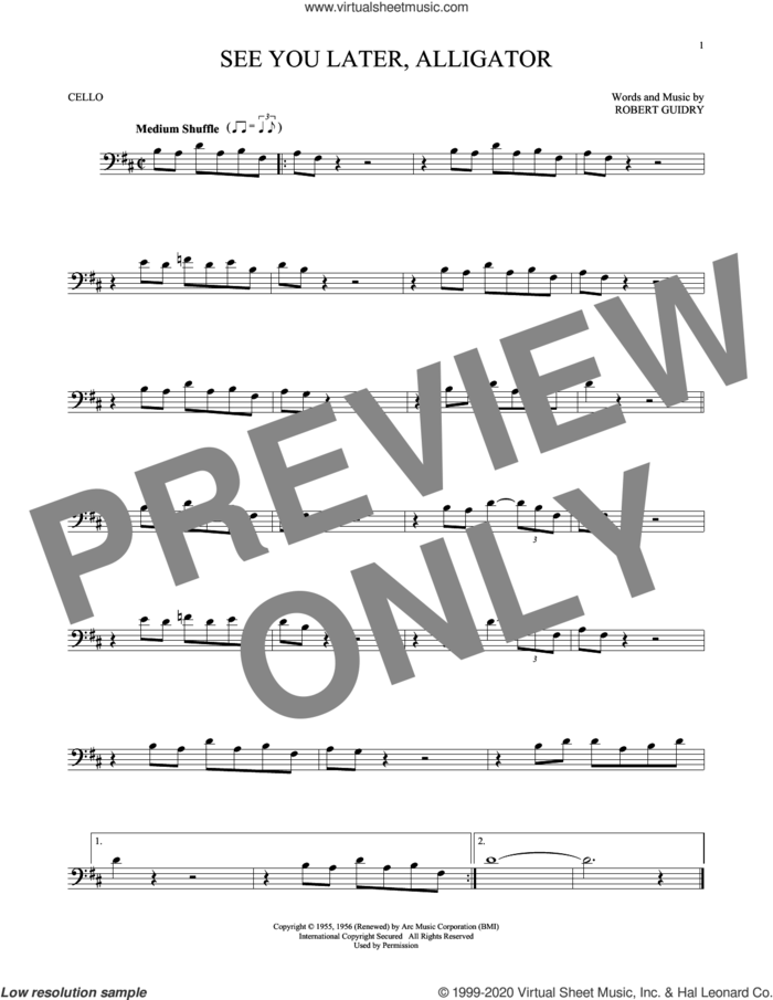 See You Later, Alligator sheet music for cello solo by Bill Haley & His Comets and Robert Guidry, intermediate skill level