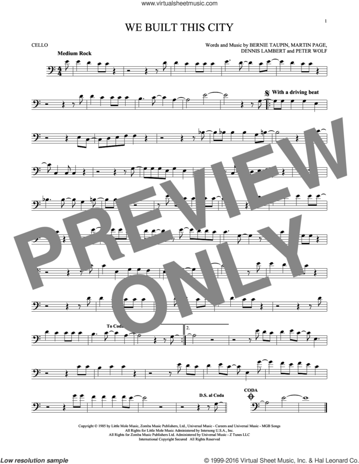 We Built This City sheet music for cello solo by Starship, Bernie Taupin, Dennis Lambert, Martin George Page and Peter Wolf, intermediate skill level