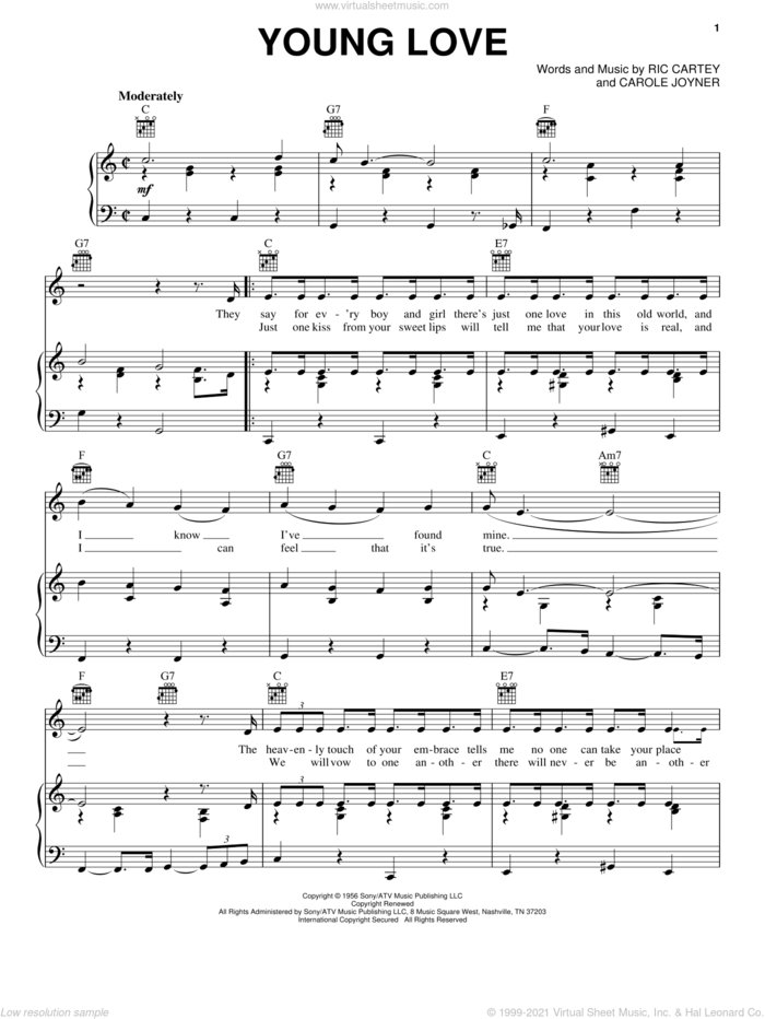 Young Love sheet music for voice, piano or guitar by Sonny James, Carol Joyner and Ric Cartey, intermediate skill level
