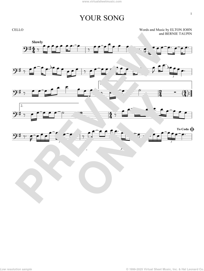 Your Song sheet music for cello solo by Elton John, Rod Stewart and Bernie Taupin, intermediate skill level