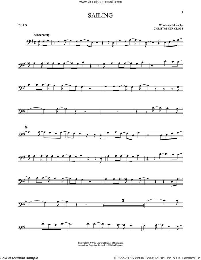 Sailing sheet music for cello solo by 'N Sync and Christopher Cross, intermediate skill level