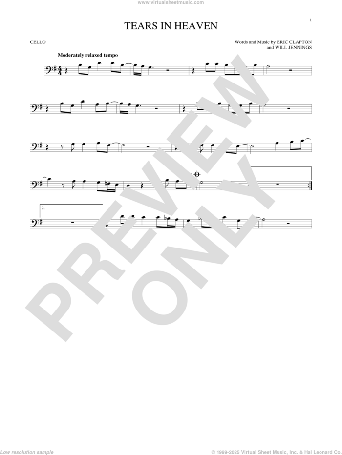 Tears In Heaven sheet music for cello solo by Eric Clapton and Will Jennings, intermediate skill level