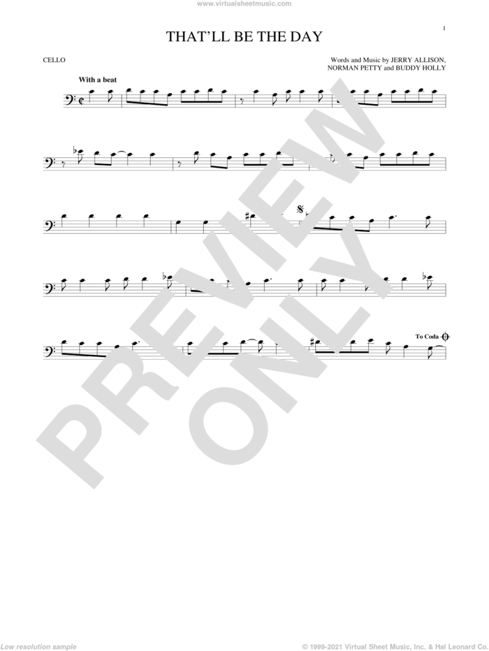 That'll Be The Day sheet music for cello solo by The Crickets, Buddy Holly, Jerry Allison and Norman Petty, intermediate skill level