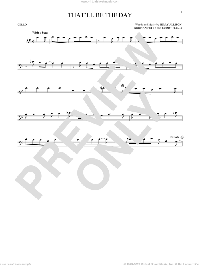 That'll Be The Day sheet music for cello solo by The Crickets, Buddy Holly, Jerry Allison and Norman Petty, intermediate skill level