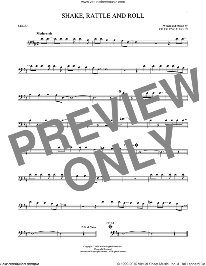 Shake, Rattle And Roll sheet music for cello solo by Bill Haley & His Comets, Arthur Conley and Charles Calhoun, intermediate skill level