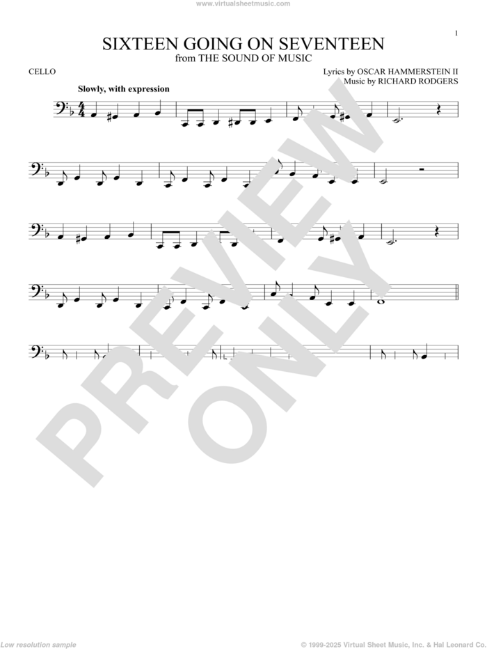 Sixteen Going On Seventeen sheet music for cello solo by Rodgers & Hammerstein, Oscar II Hammerstein and Richard Rodgers, intermediate skill level