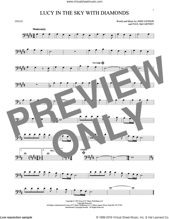 Lucy In The Sky With Diamonds sheet music for cello solo by The Beatles, Elton John, John Lennon and Paul McCartney, intermediate skill level