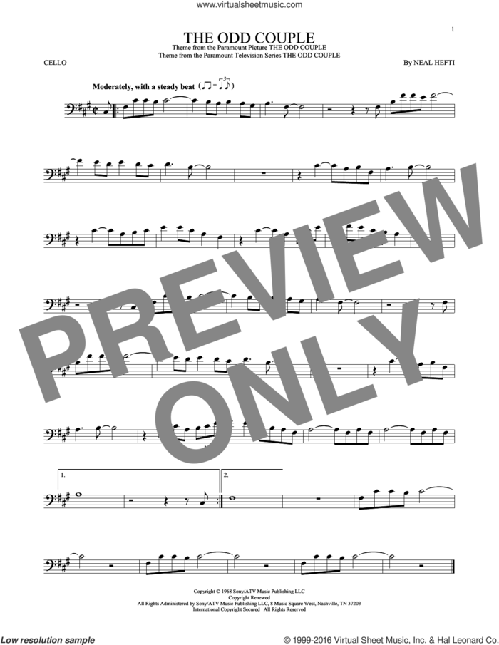 The Odd Couple sheet music for cello solo by Sammy Cahn and Neal Hefti, intermediate skill level