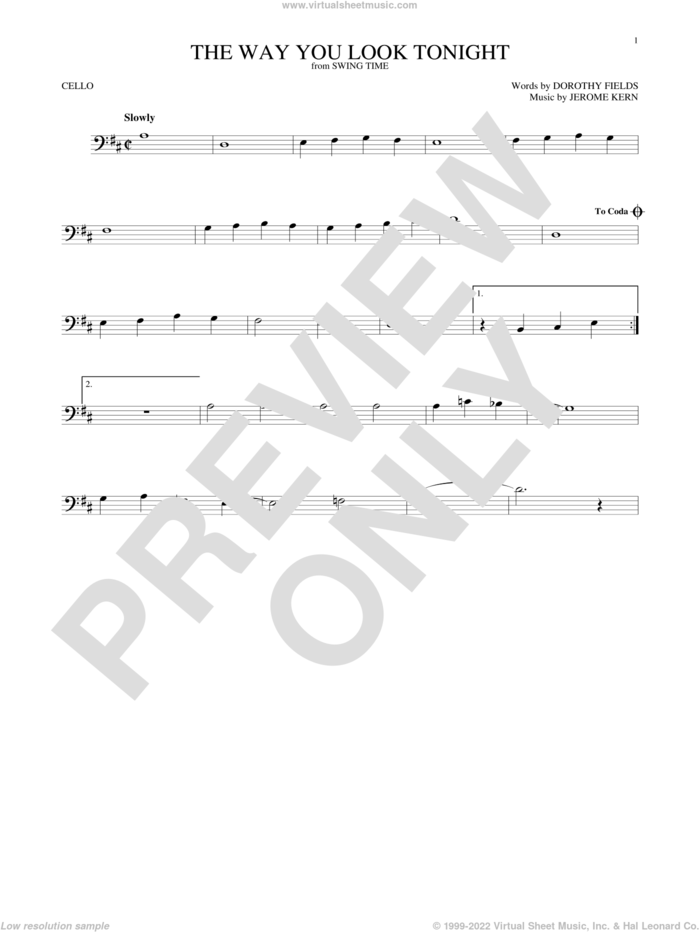 The Way You Look Tonight sheet music for cello solo by Jerome Kern and Dorothy Fields, wedding score, intermediate skill level