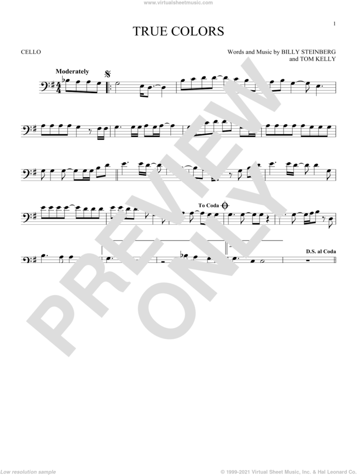 True Colors sheet music for cello solo by Cyndi Lauper, Phil Collins, Billy Steinberg and Tom Kelly, intermediate skill level