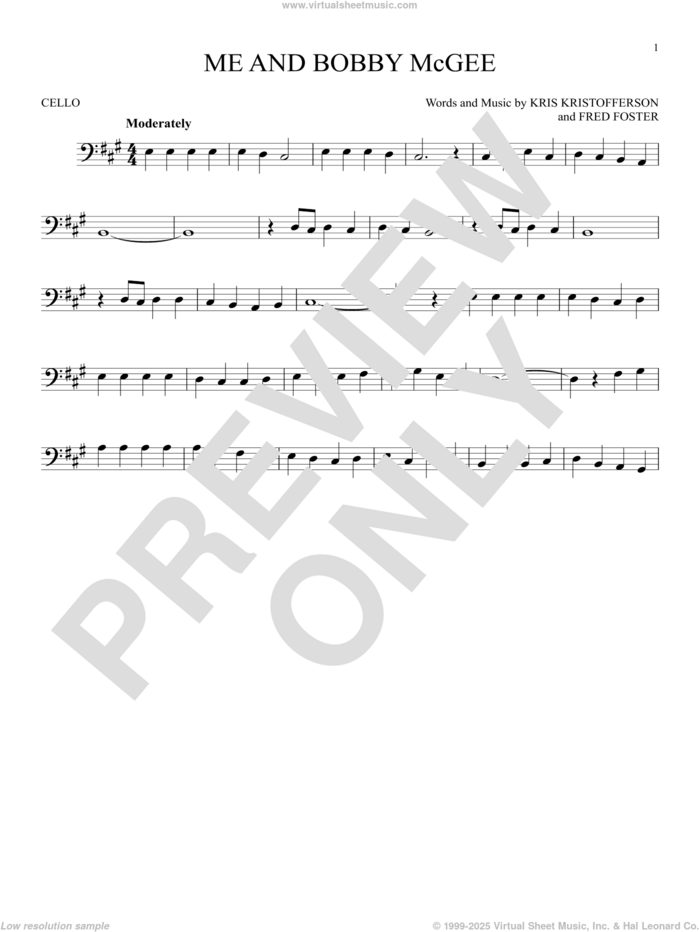 Me And Bobby McGee sheet music for cello solo by Janis Joplin, Roger Miller, Fred Foster and Kris Kristofferson, intermediate skill level