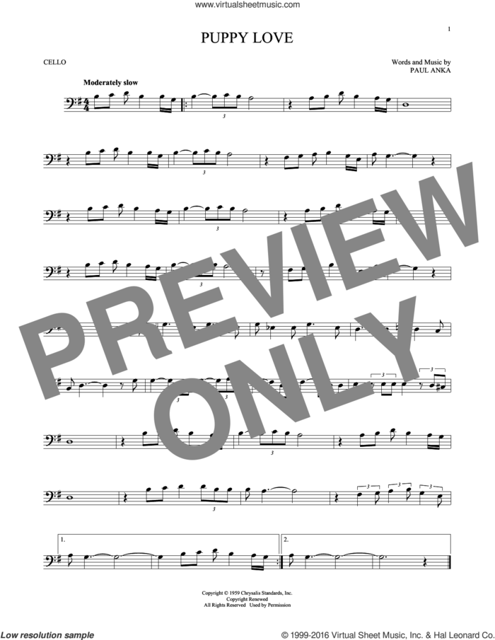 Puppy Love sheet music for cello solo by Paul Anka and Donny Osmond, intermediate skill level