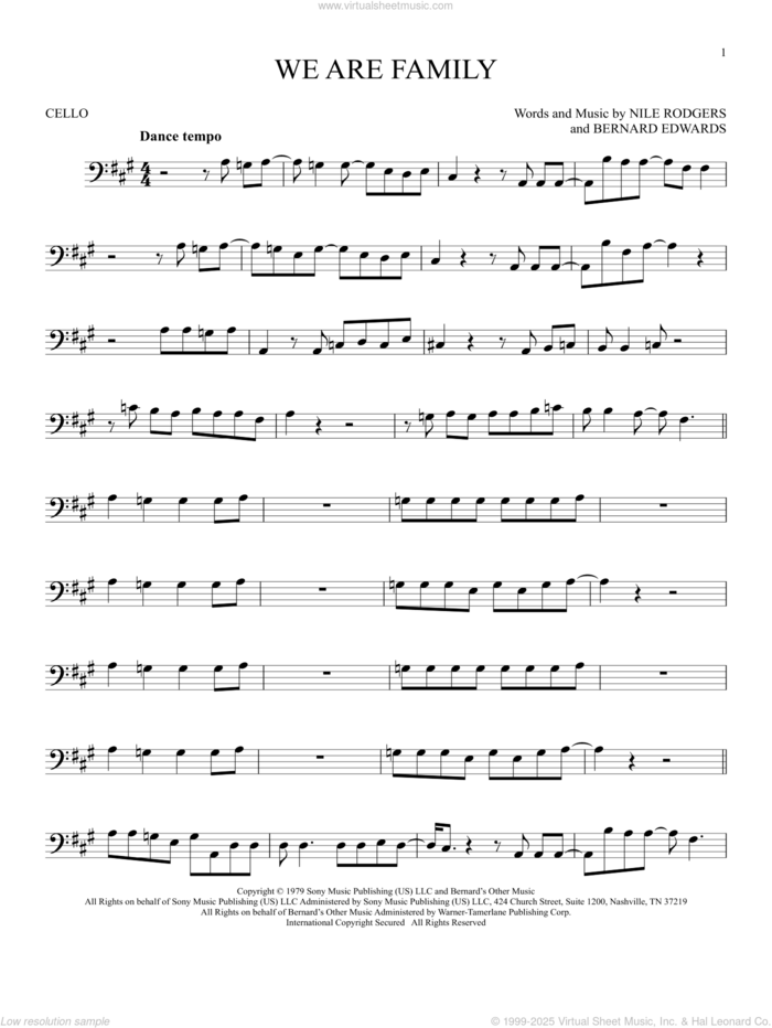 We Are Family sheet music for cello solo by Sister Sledge, Bernard Edwards and Nile Rodgers, intermediate skill level