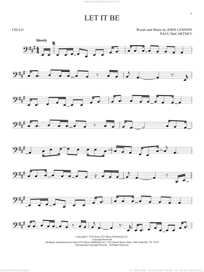 Let It Be sheet music for cello solo by The Beatles, Kris Allen, John Lennon and Paul McCartney, intermediate skill level