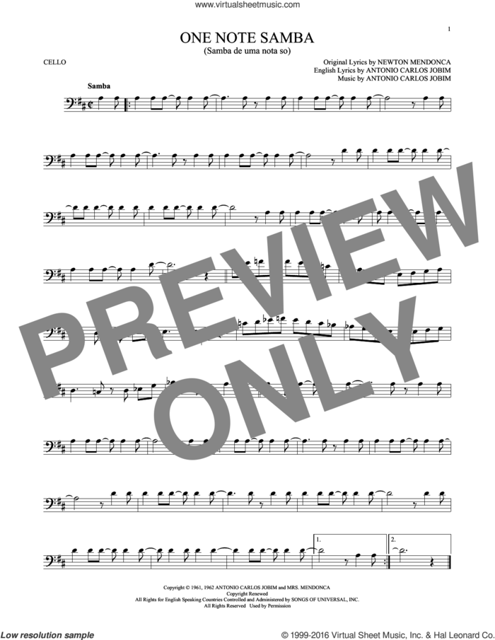 One Note Samba (Samba De Uma Nota So) sheet music for cello solo by Antonio Carlos Jobim, Pat Thomas and Newton Mendonca, intermediate skill level