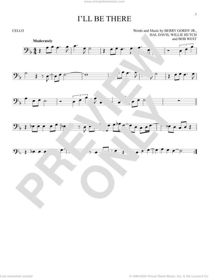 I'll Be There sheet music for cello solo by The Jackson 5, Mariah Carey, Berry Gordy, Bob West, Hal Davis and Willie Hutch, intermediate skill level