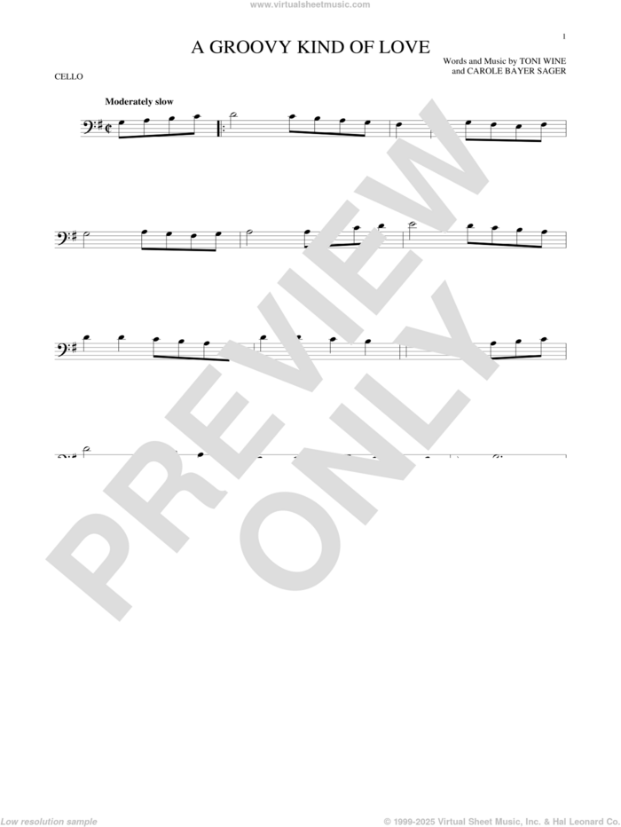 A Groovy Kind Of Love sheet music for cello solo by Phil Collins, The Mindbenders, Carole Bayer Sager and Toni Wine, intermediate skill level