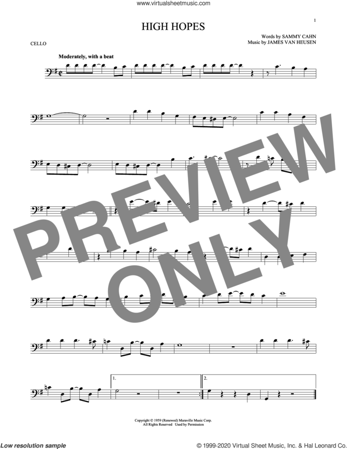 High Hopes sheet music for cello solo by Sammy Cahn and Jimmy van Heusen, intermediate skill level