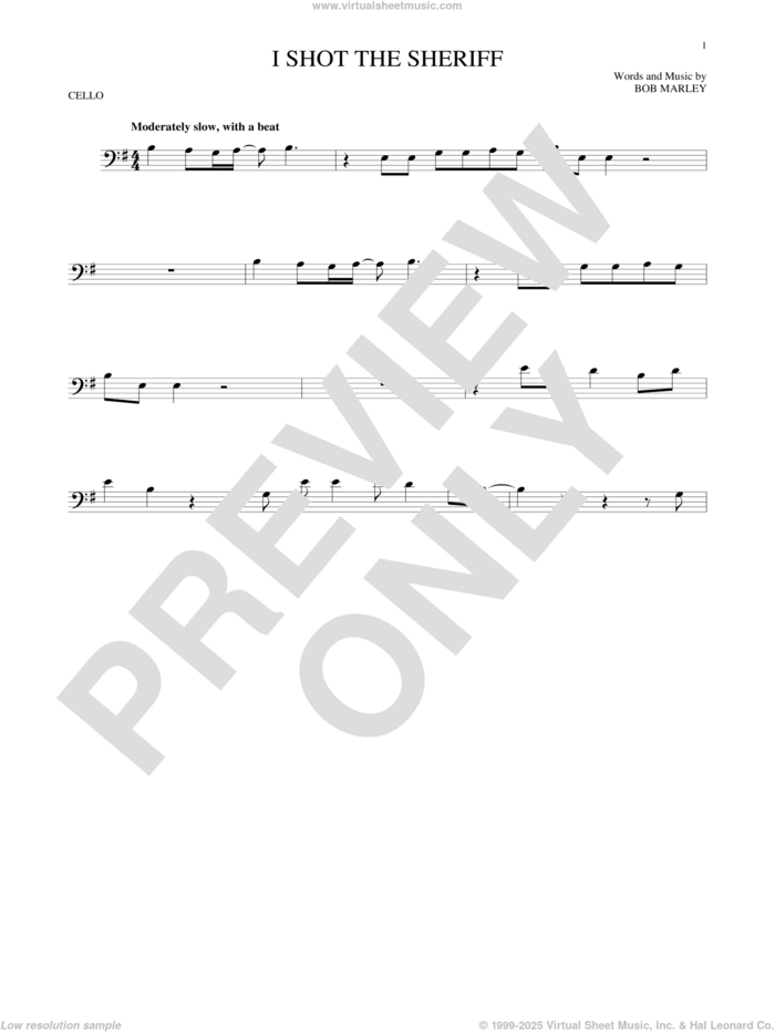 I Shot The Sheriff sheet music for cello solo by Bob Marley, Eric Clapton and Warren G, intermediate skill level