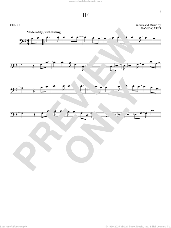 If sheet music for cello solo by Bread and David Gates, intermediate skill level