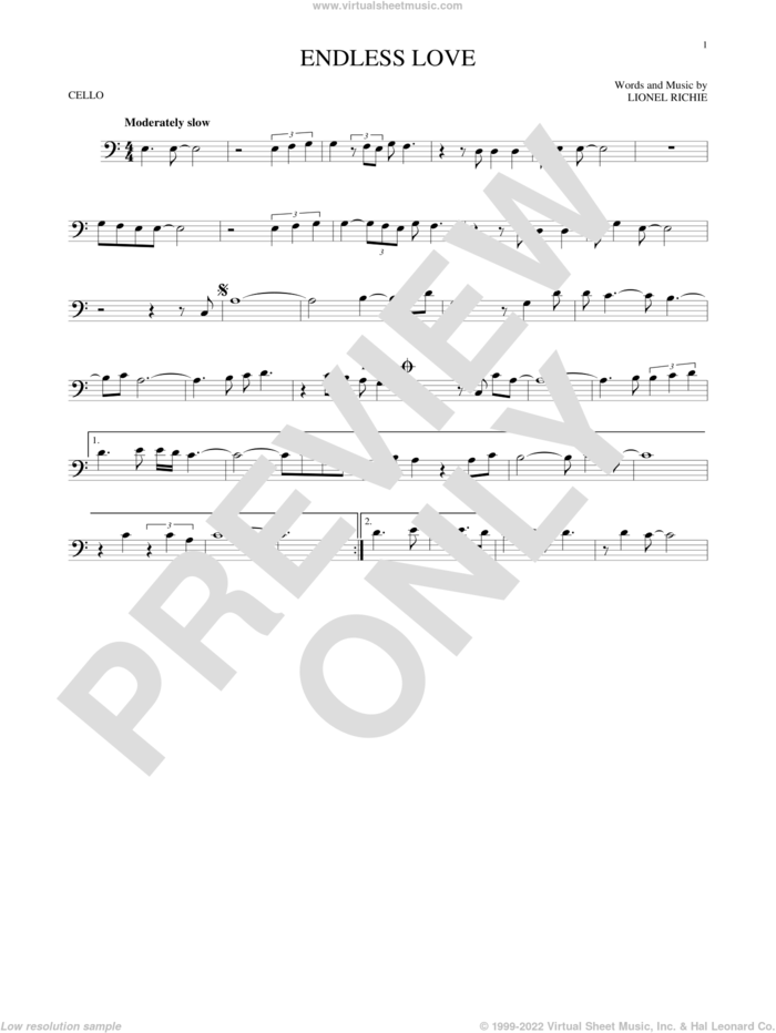 Endless Love sheet music for cello solo by Diana Ross & Lionel Richie and Lionel Richie feat. Shania Twain, Luther Vandross & Mariah Carey and Lionel Richie, wedding score, intermediate skill level