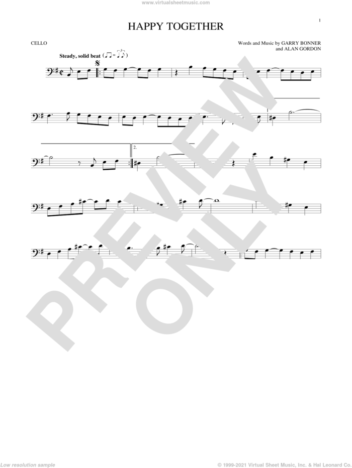 Happy Together sheet music for cello solo by The Turtles, Alan Gordon and Garry Bonner, intermediate skill level