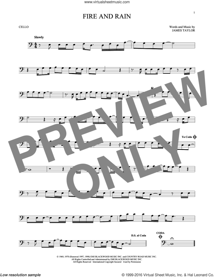 Fire And Rain sheet music for cello solo by James Taylor, intermediate skill level