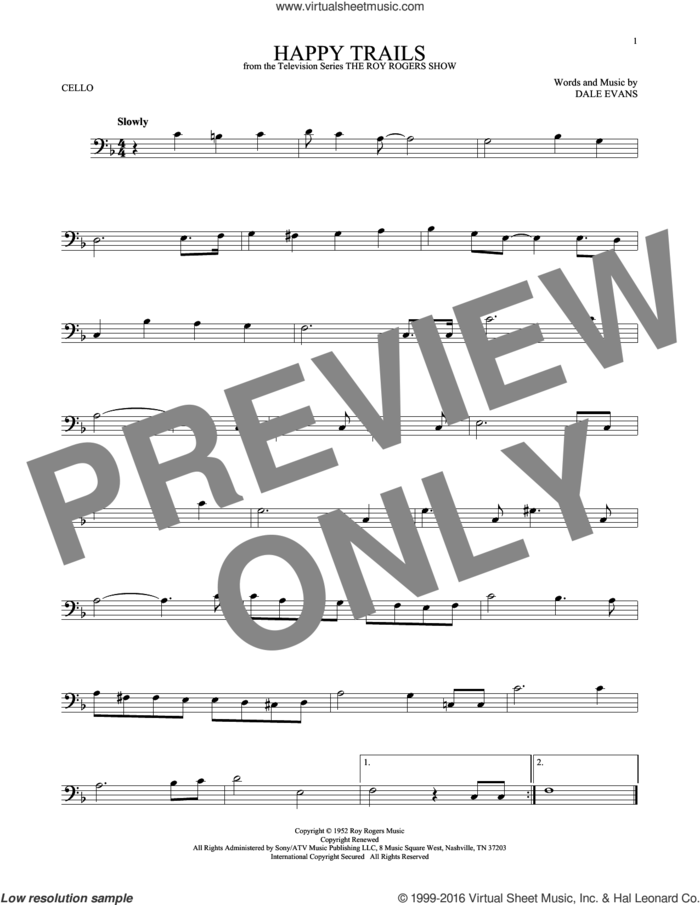 Happy Trails sheet music for cello solo by Roy Rogers and Dale Evans, intermediate skill level