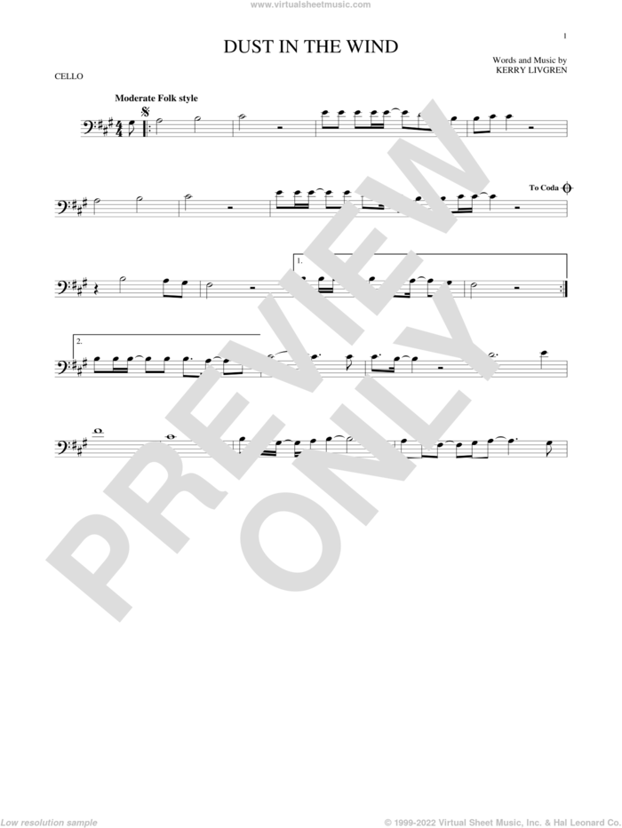 Dust In The Wind sheet music for cello solo by Kansas and Kerry Livgren, intermediate skill level