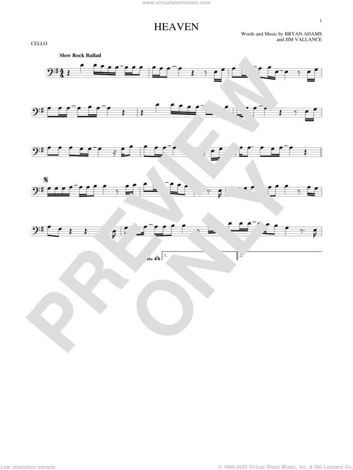 Heaven sheet music for cello solo by Bryan Adams, DJ Sammy & Yanou Featuring Do and Jim Vallance, intermediate skill level