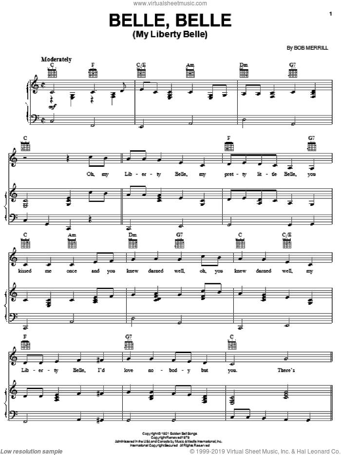 Belle, Belle (My Liberty Belle) sheet music for voice, piano or guitar by Bob Merrill, intermediate skill level