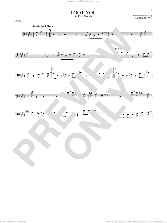 I Got You (I Feel Good) sheet music for cello solo by James Brown, intermediate skill level