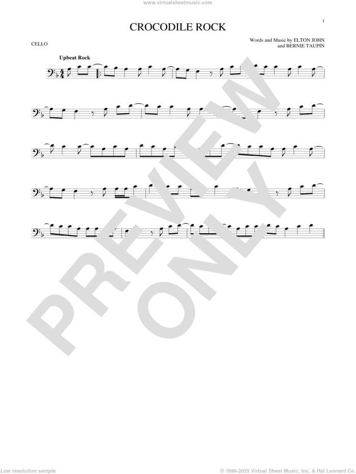 Crocodile Rock sheet music for cello solo by Elton John and Bernie Taupin, intermediate skill level