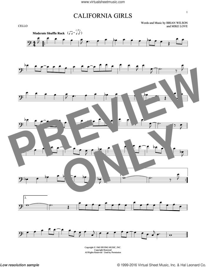 California Girls sheet music for cello solo by The Beach Boys, David Lee Roth, Brian Wilson and Mike Love, intermediate skill level
